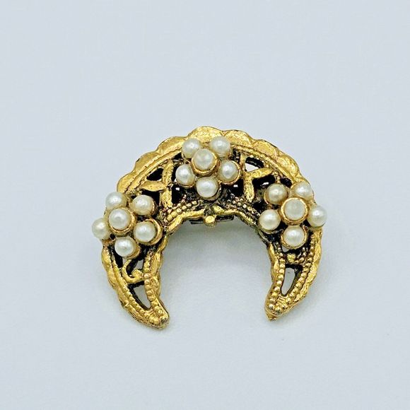 Tacoa Crescent Moon Brooch Vintage Flower Pearl Filigree Celestial Estate Pin - Picture 2 of 8